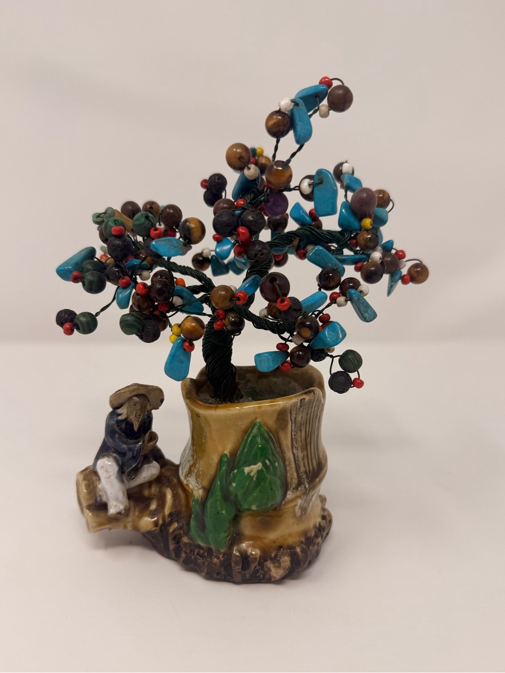 VINTAGE-Beaded Gemstone Tree Sculpture with Ceramic Base - Turquoise, Brown, Red